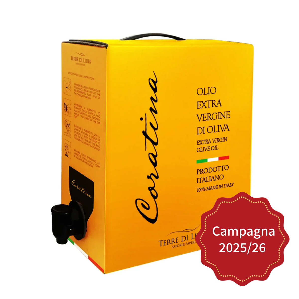 Cultivar Coratina - Huile d’olive extra vierge - Sac dans la boîte 3 litres - Campagne 2025/2026