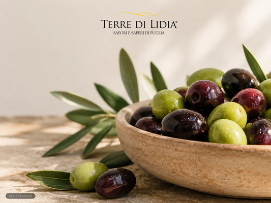 Olive verdi e nere in una ciotola con rami d'ulivo: la gamma di olio extravergine Terre di Lidia